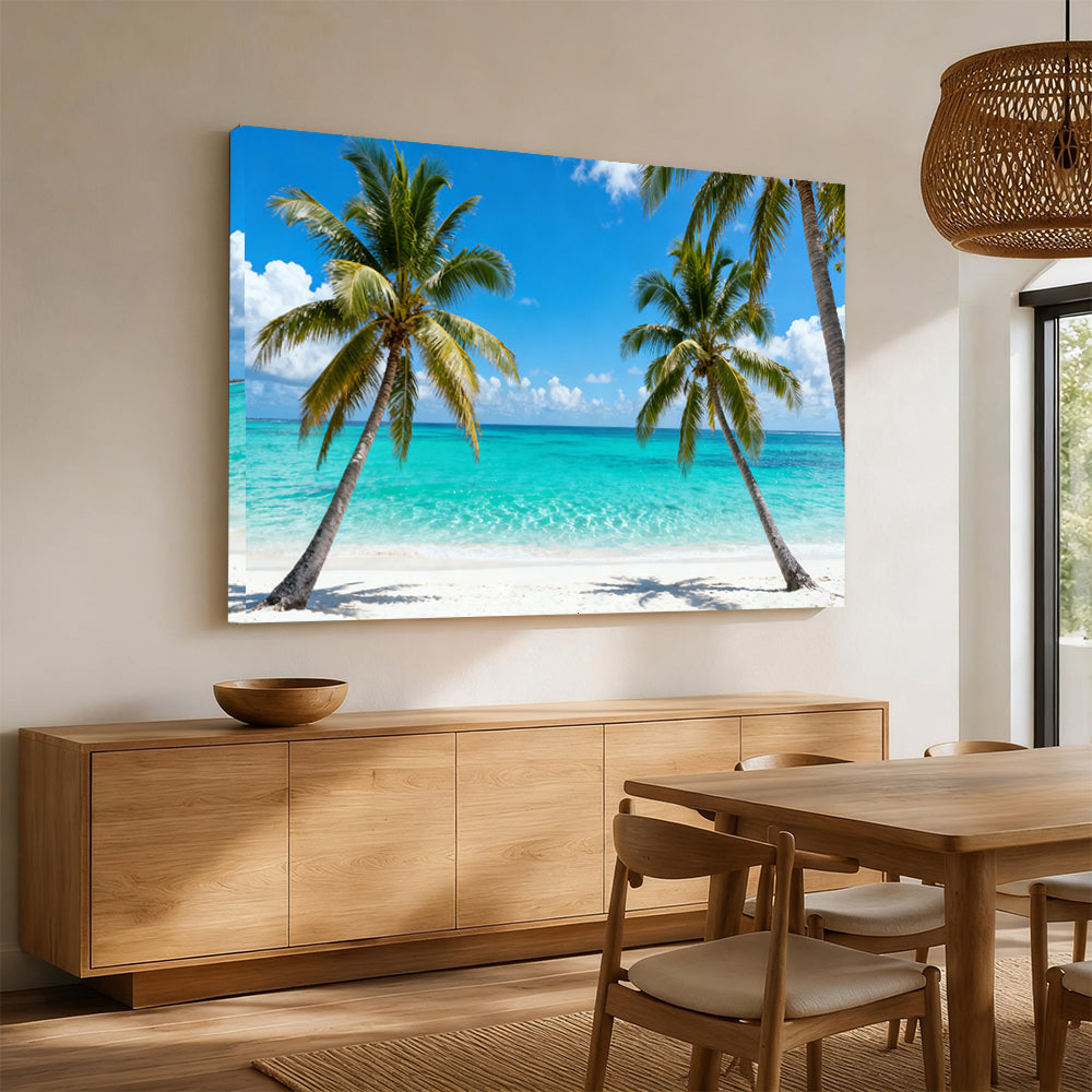 Twin Palms by the Sea canvas wall art, angled mockup above a sideboard.