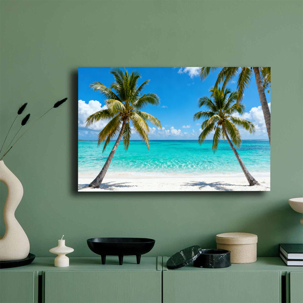Twin Palms by the Sea canvas wall art, mockup on a green wall.