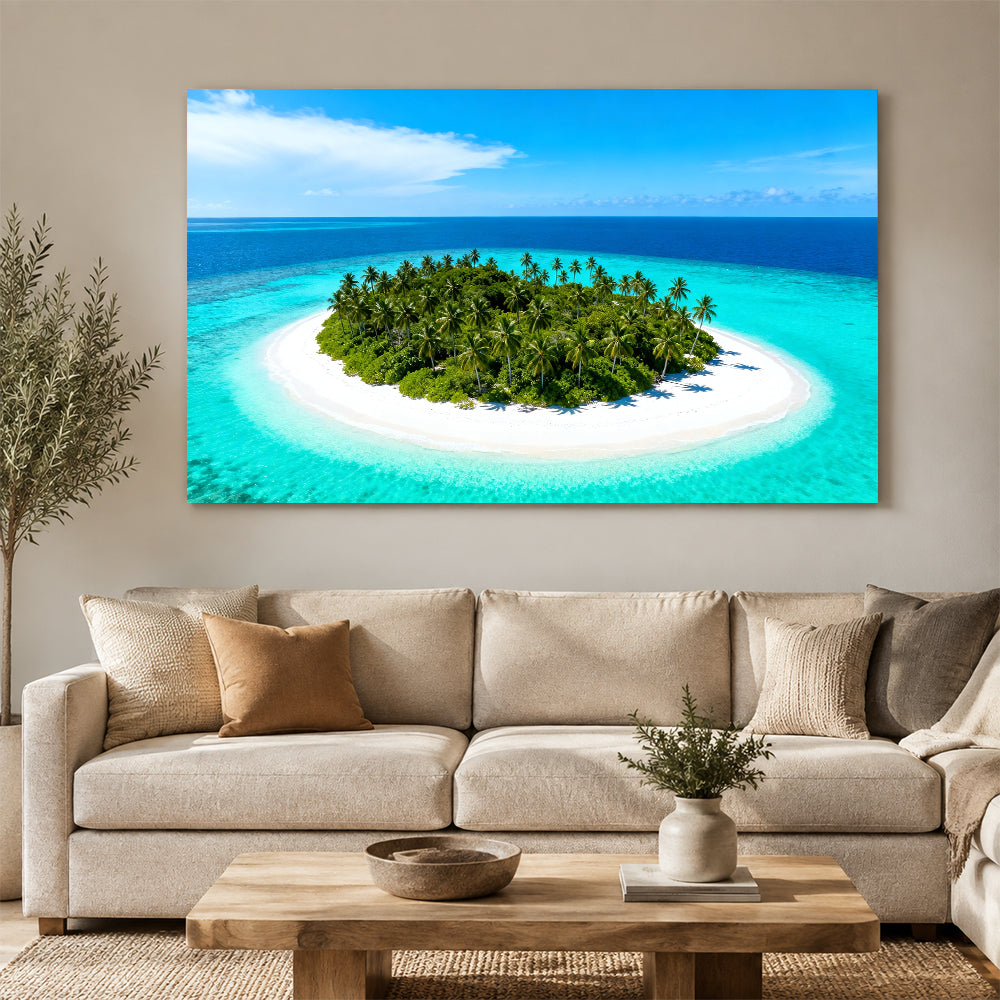 Tiny Tropical Island canvas wall art, living room mockup above a sofa.