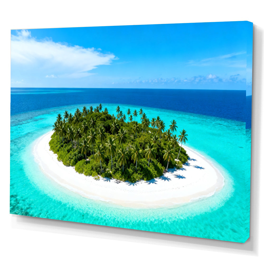 Tiny Tropical Island canvas wall art, angled canvas mockup on a white background.