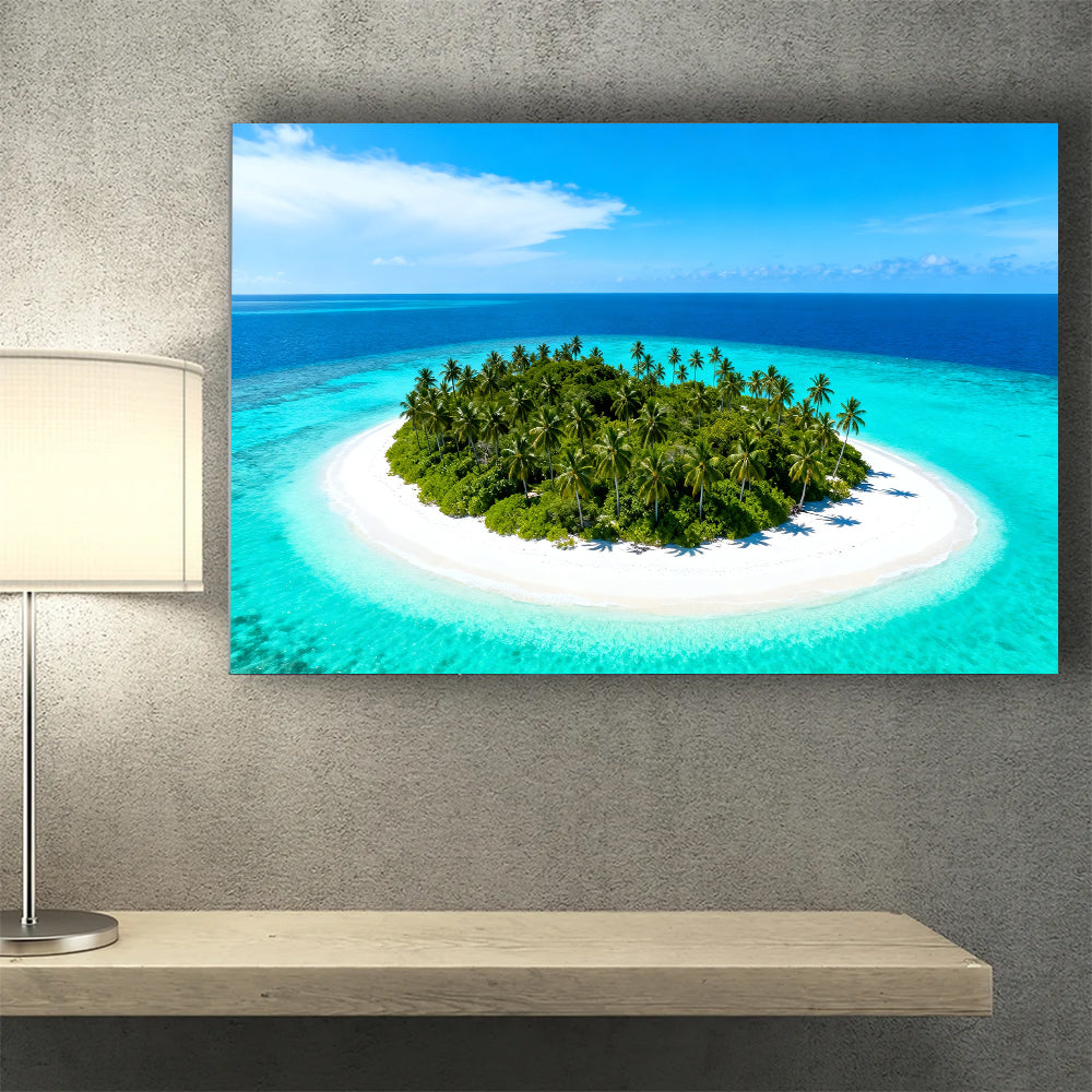 Tiny Tropical Island canvas wall art, wall mockup above a console.