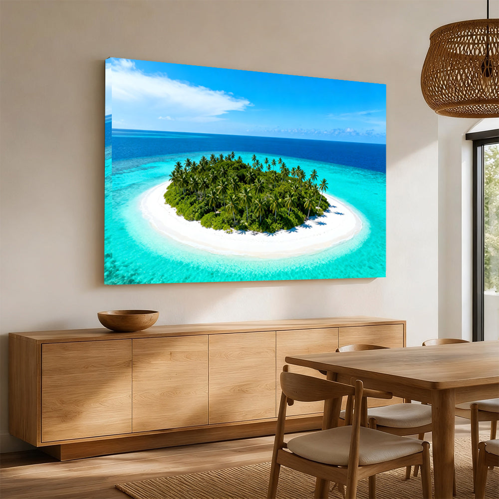 Tiny Tropical Island canvas wall art, angled mockup above a sideboard.