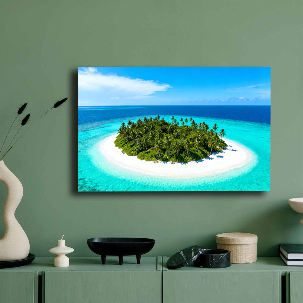 Tiny Tropical Island canvas wall art, mockup on a green wall.