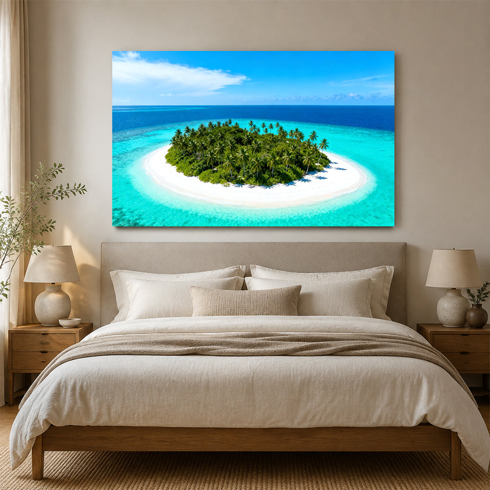 Tiny Tropical Island canvas wall art, bedroom mockup above a bed.