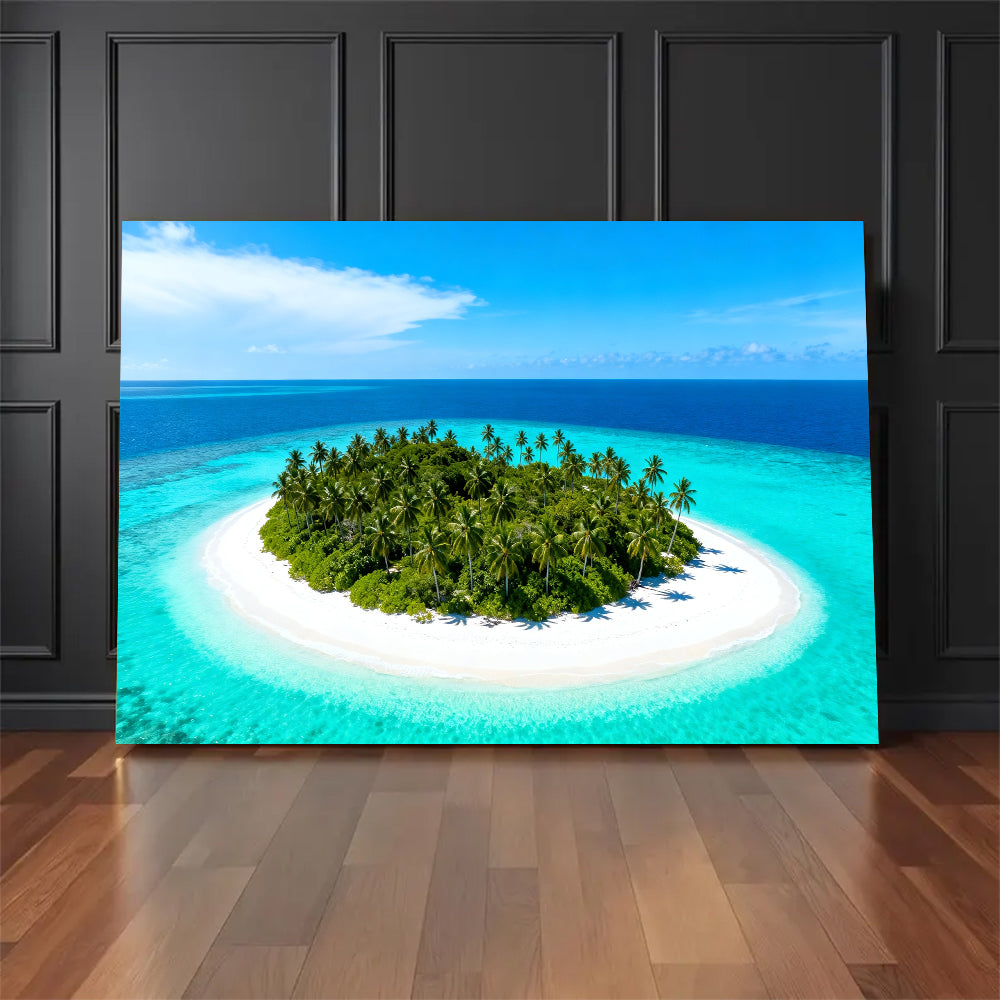 Tiny Tropical Island canvas wall art, floor display against a dark wall.
