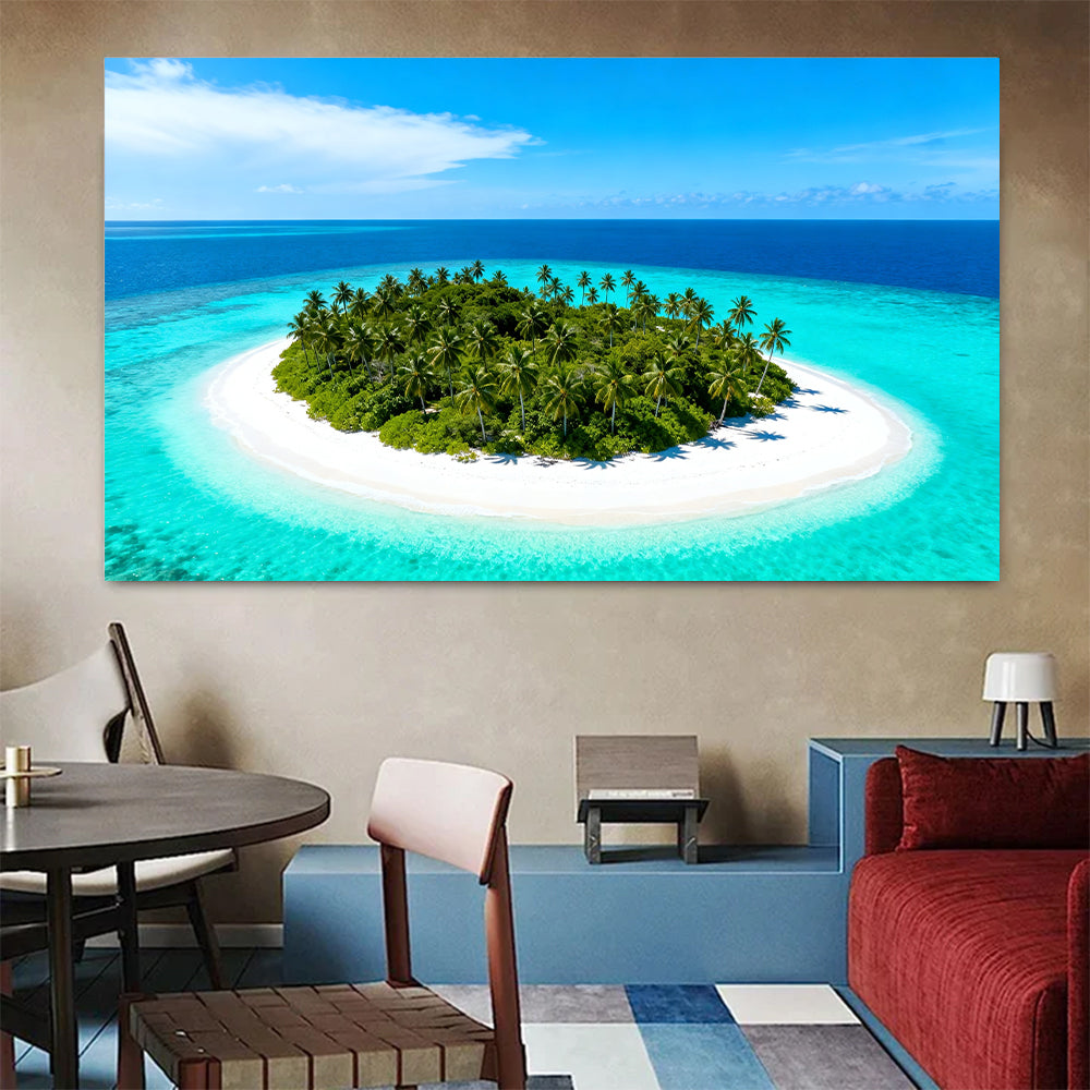 Tiny Tropical Island canvas wall art, colorful room mockup.