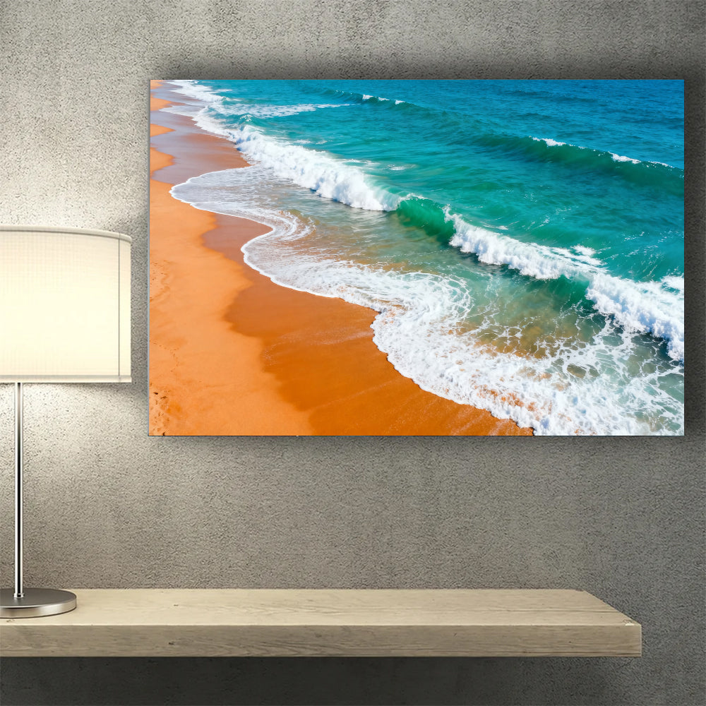 Amber Beach White Surf canvas wall art, wall mockup above a console.
