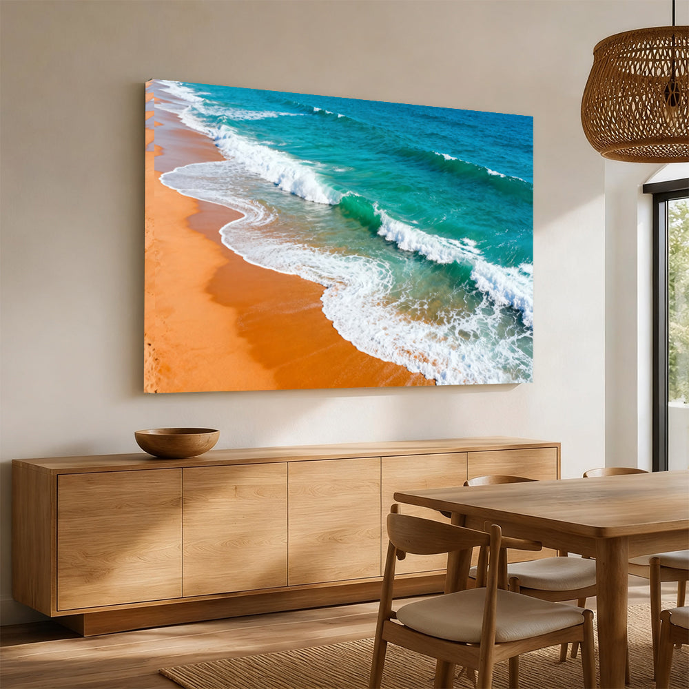 Amber Beach White Surf canvas wall art, angled mockup above a sideboard.