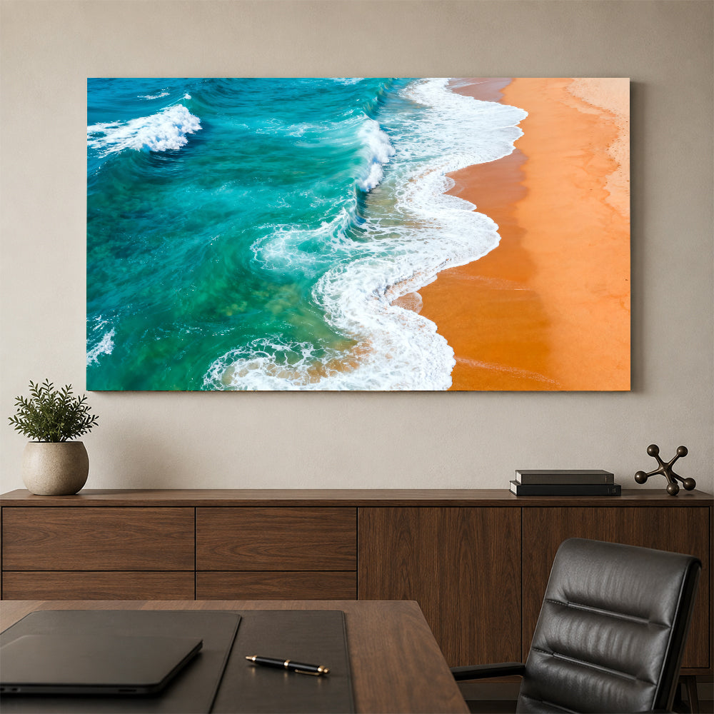 Turquoise Surf Patterns canvas wall art, office mockup above a desk.