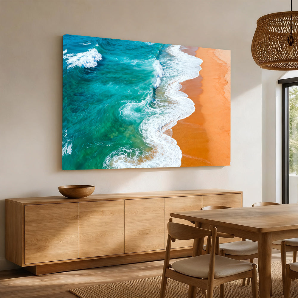 Turquoise Surf Patterns canvas wall art, angled mockup above a sideboard.