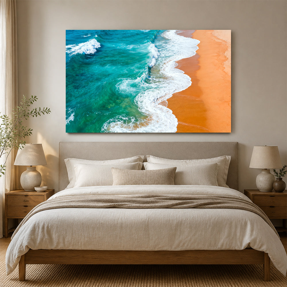 Turquoise Surf Patterns canvas wall art, bedroom mockup above a bed.
