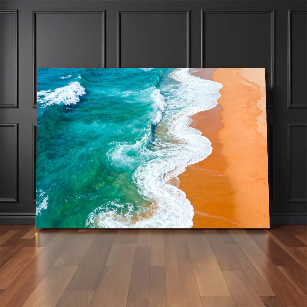 Turquoise Surf Patterns canvas wall art, floor display against a dark wall.