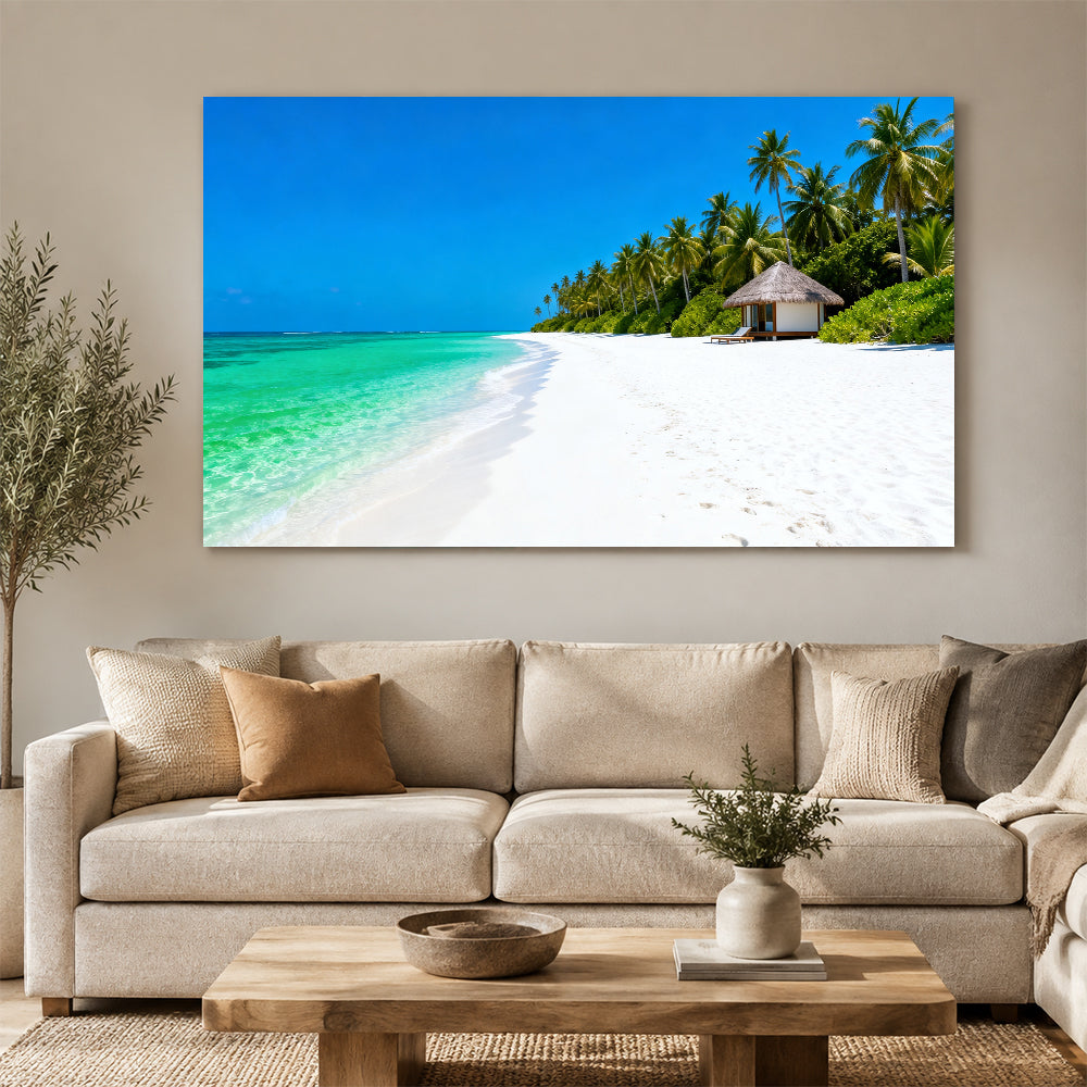 Palm Beach Shelter canvas wall art, living room mockup above a sofa.