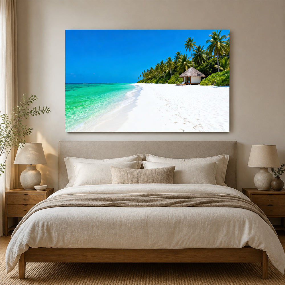 Palm Beach Shelter canvas wall art, bedroom mockup above a bed.