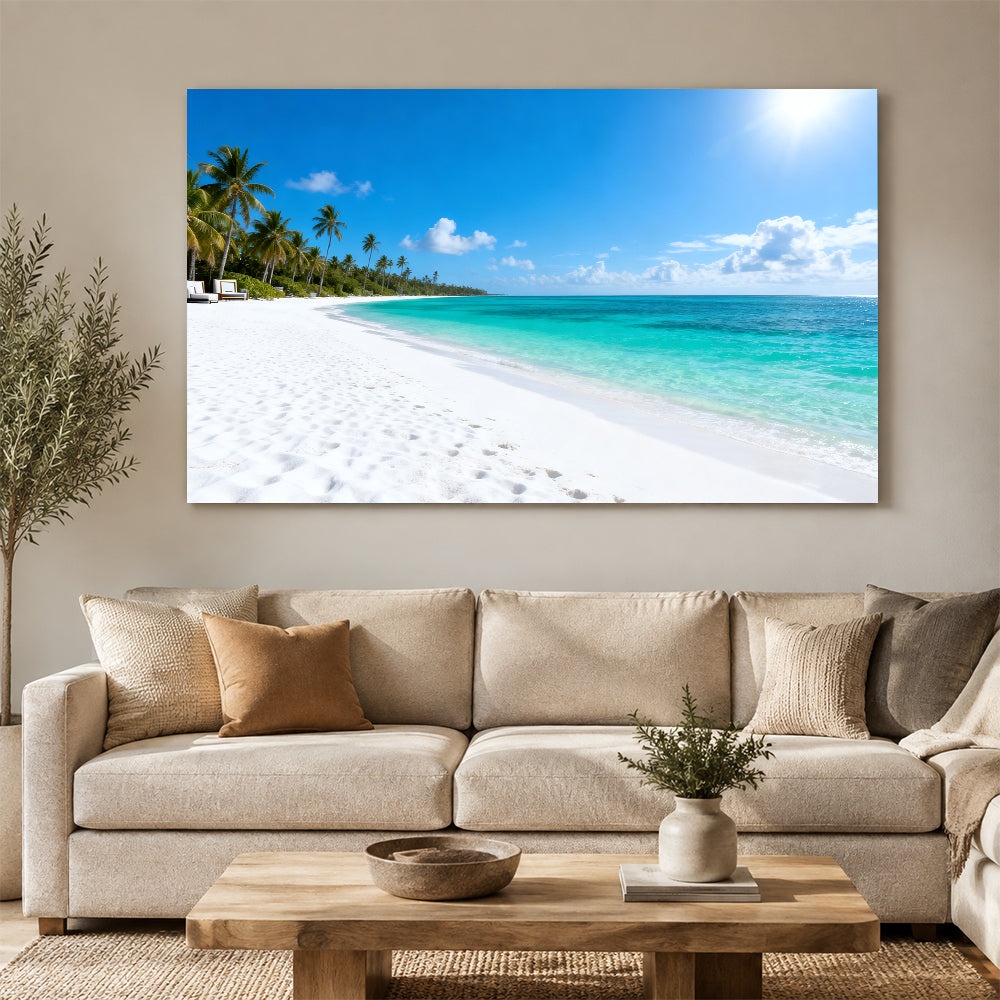 Endless Tropical Strand canvas wall art, living room mockup above a sofa.