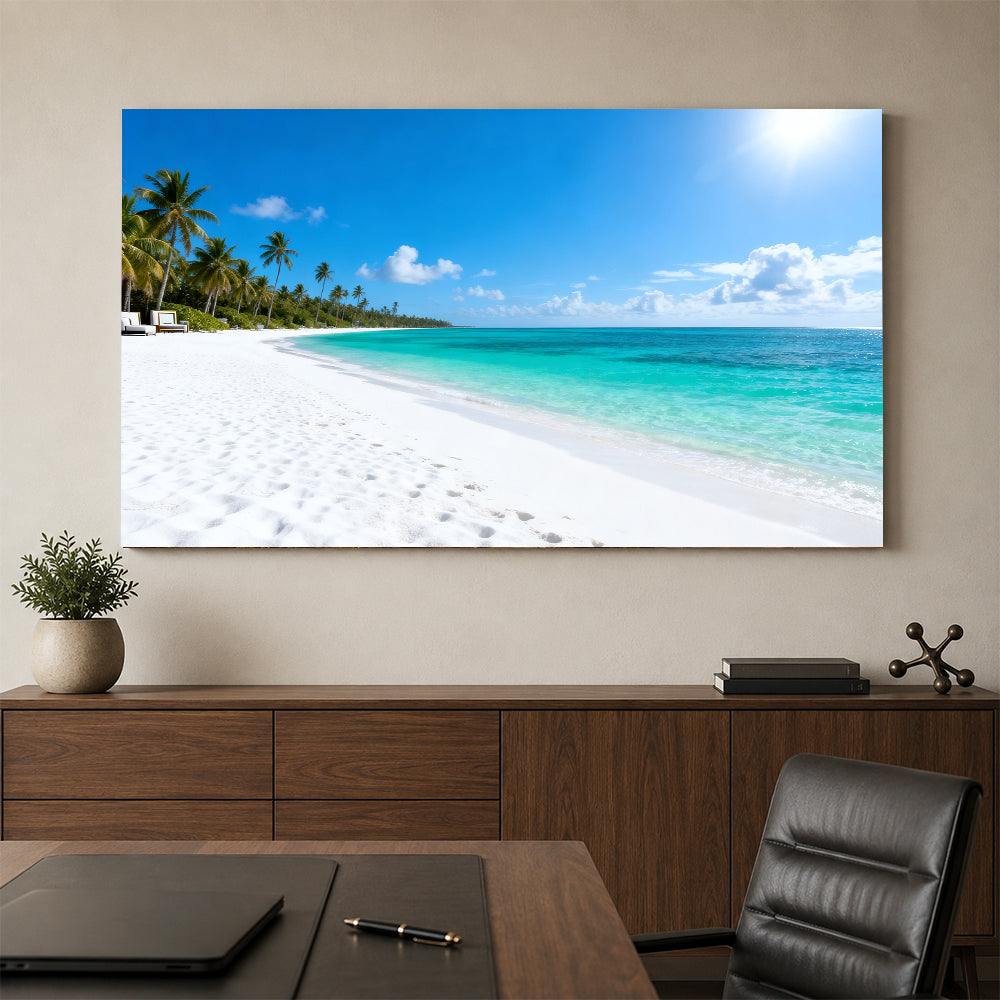 Endless Tropical Strand canvas wall art, office mockup above a desk.