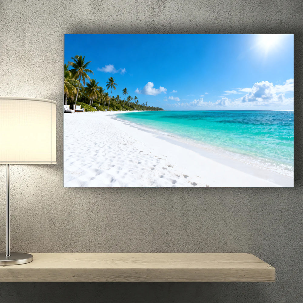 Endless Tropical Strand canvas wall art, wall mockup above a console.