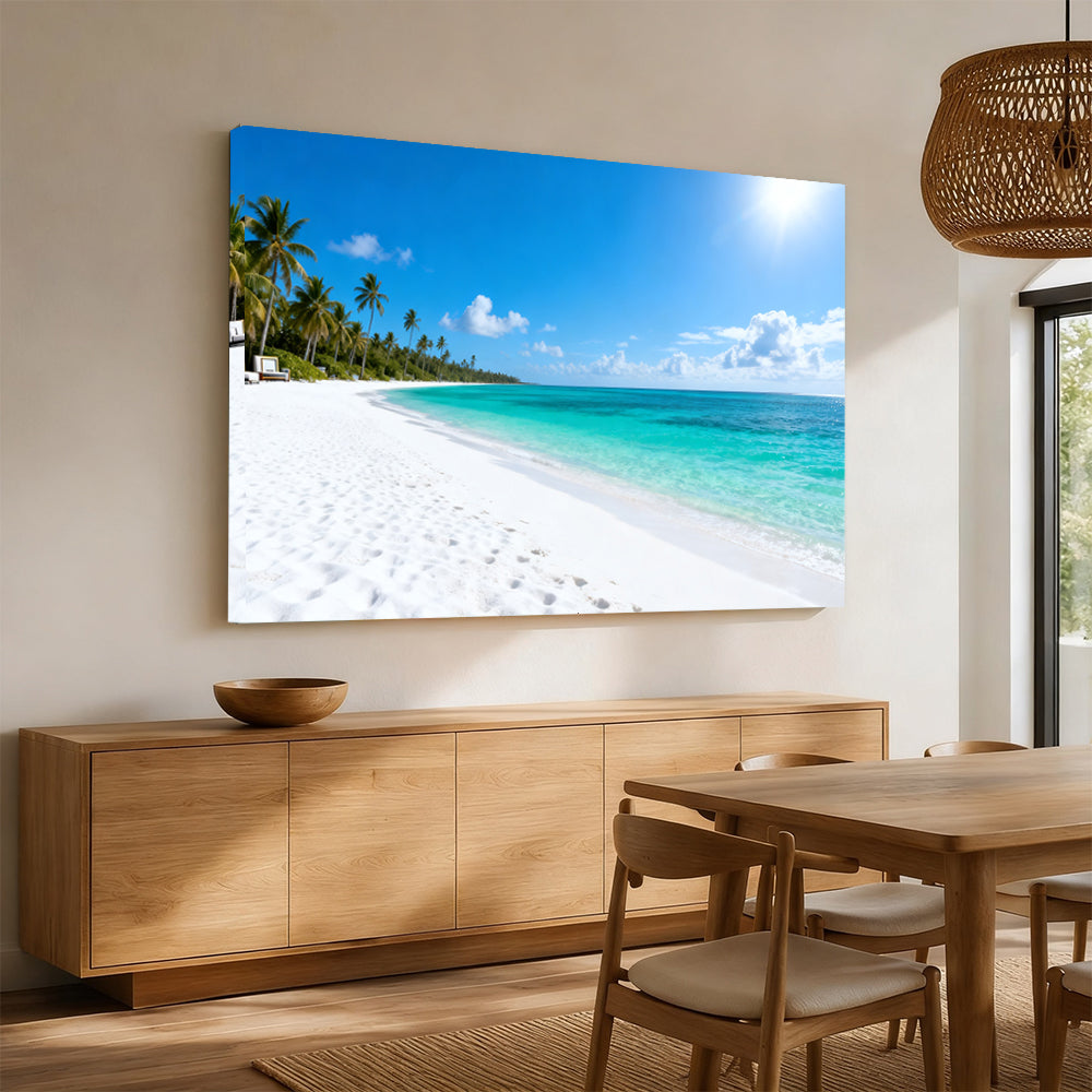 Endless Tropical Strand canvas wall art, angled mockup above a sideboard.
