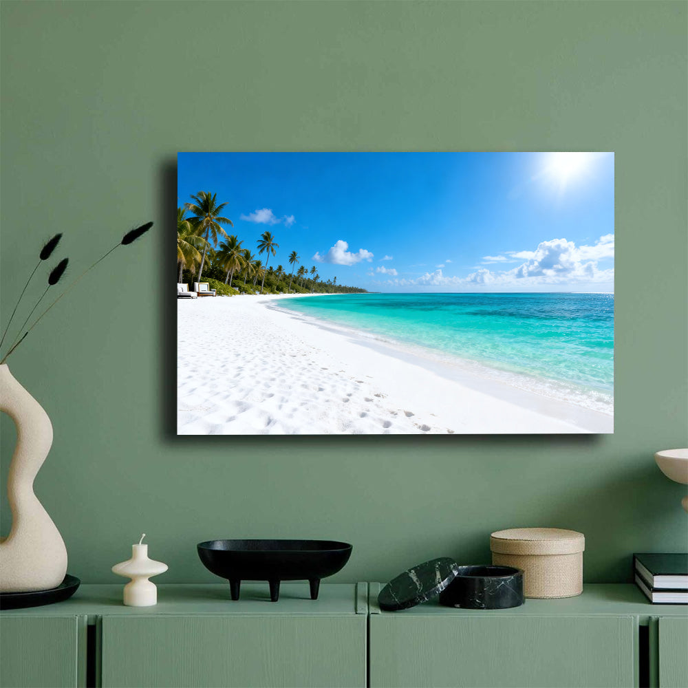 Endless Tropical Strand canvas wall art, mockup on a green wall.