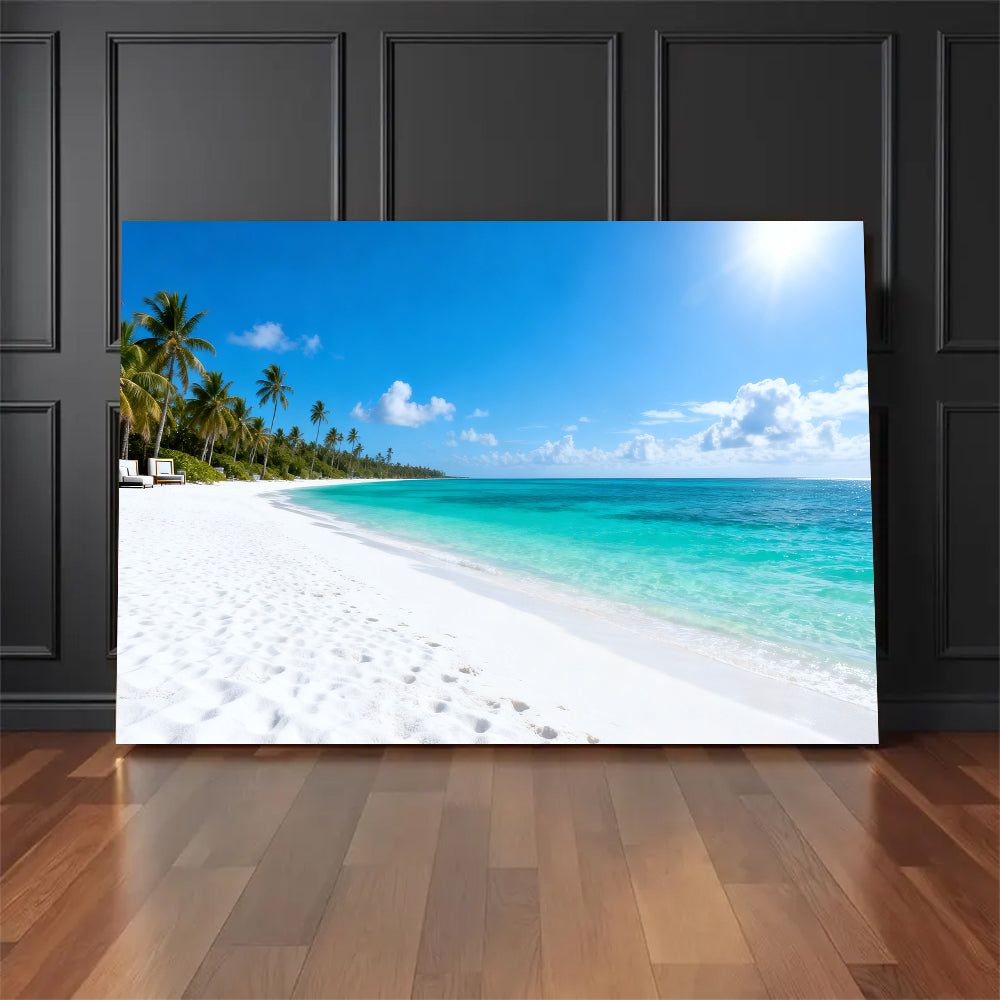 Endless Tropical Strand canvas wall art, floor display against a dark wall.