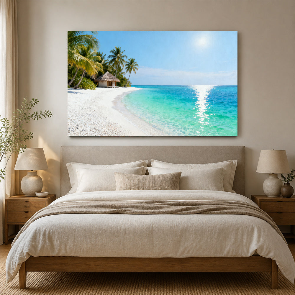 Quiet Lagoon Retreat canvas wall art, bedroom mockup above a bed.