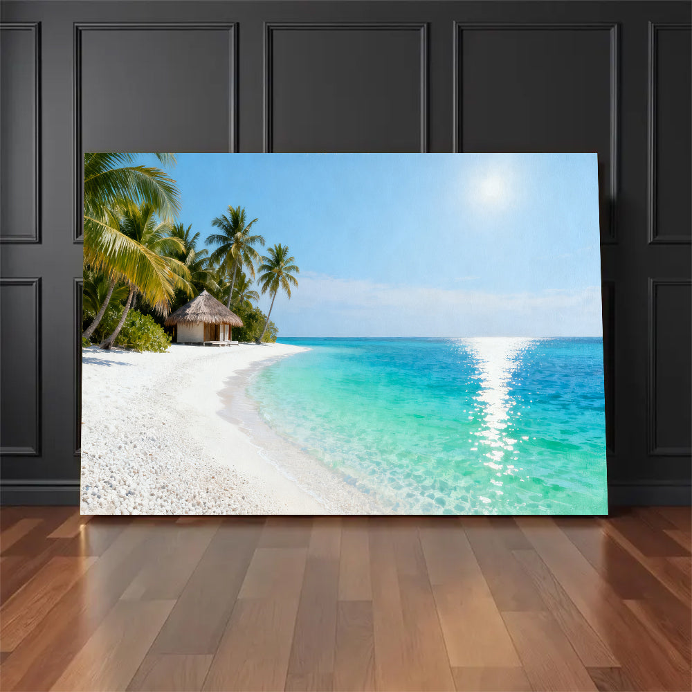 Quiet Lagoon Retreat canvas wall art, floor display against a dark wall.