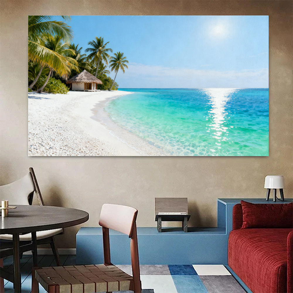 Quiet Lagoon Retreat canvas wall art, colorful room mockup.