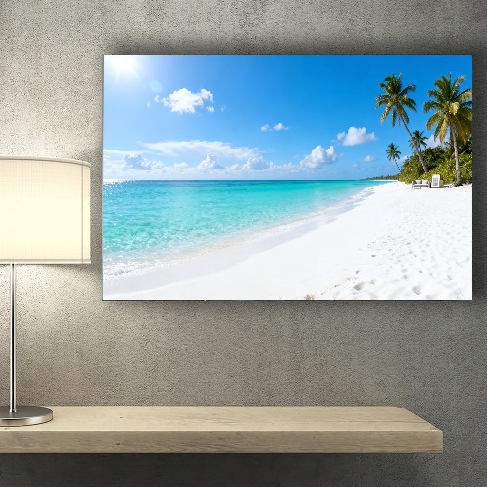 Cloud Dotted Palm Coast canvas wall art, wall mockup above a console.