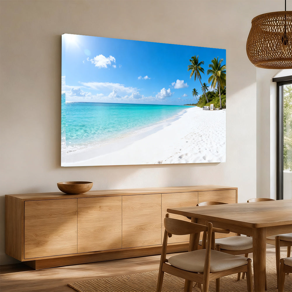 Cloud Dotted Palm Coast canvas wall art, angled mockup above a sideboard.