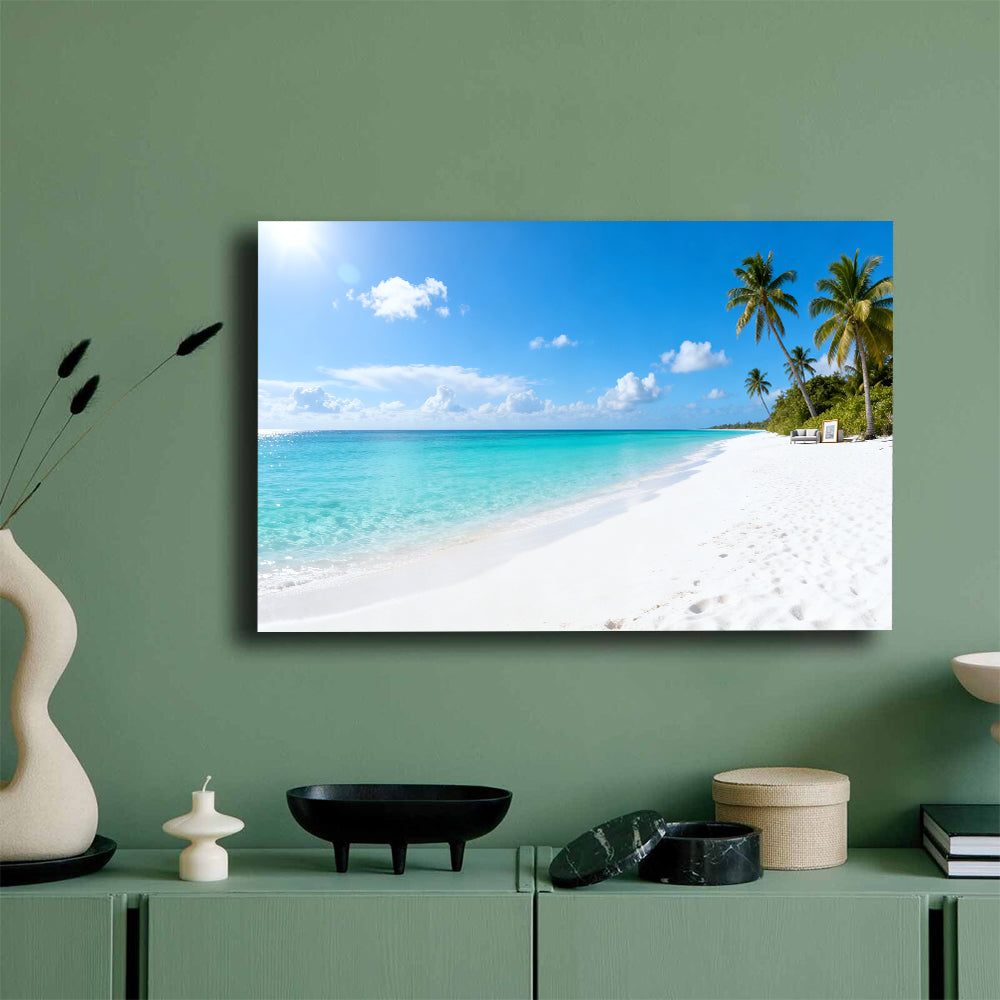 Cloud Dotted Palm Coast canvas wall art, mockup on a green wall.
