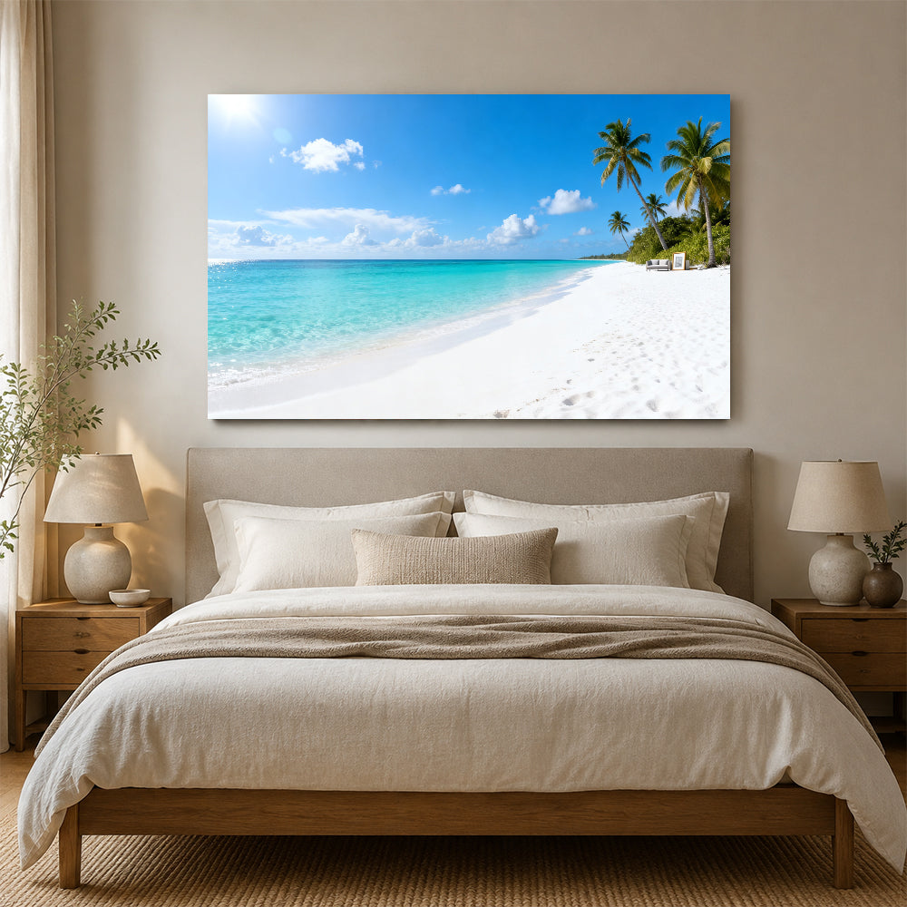 Cloud Dotted Palm Coast canvas wall art, bedroom mockup above a bed.