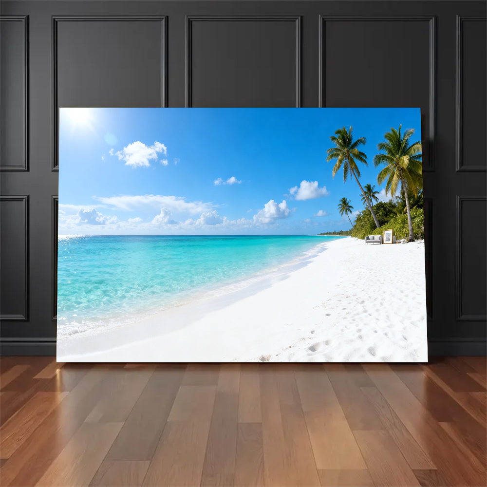 Cloud Dotted Palm Coast canvas wall art, floor display against a dark wall.