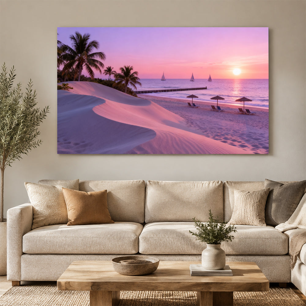 Lilac Beach Evening canvas wall art, living room mockup above a sofa.