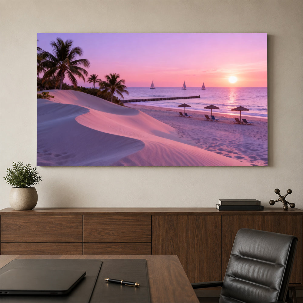 Lilac Beach Evening canvas wall art, office mockup above a desk.