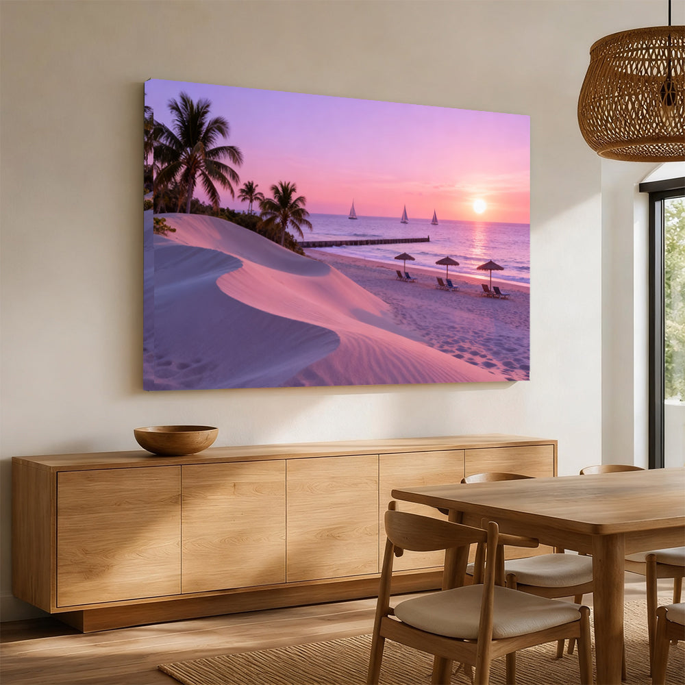 Lilac Beach Evening canvas wall art, angled mockup above a sideboard.