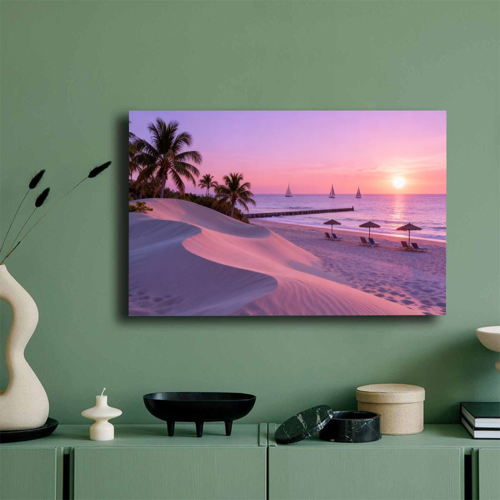Lilac Beach Evening canvas wall art, mockup on a green wall.