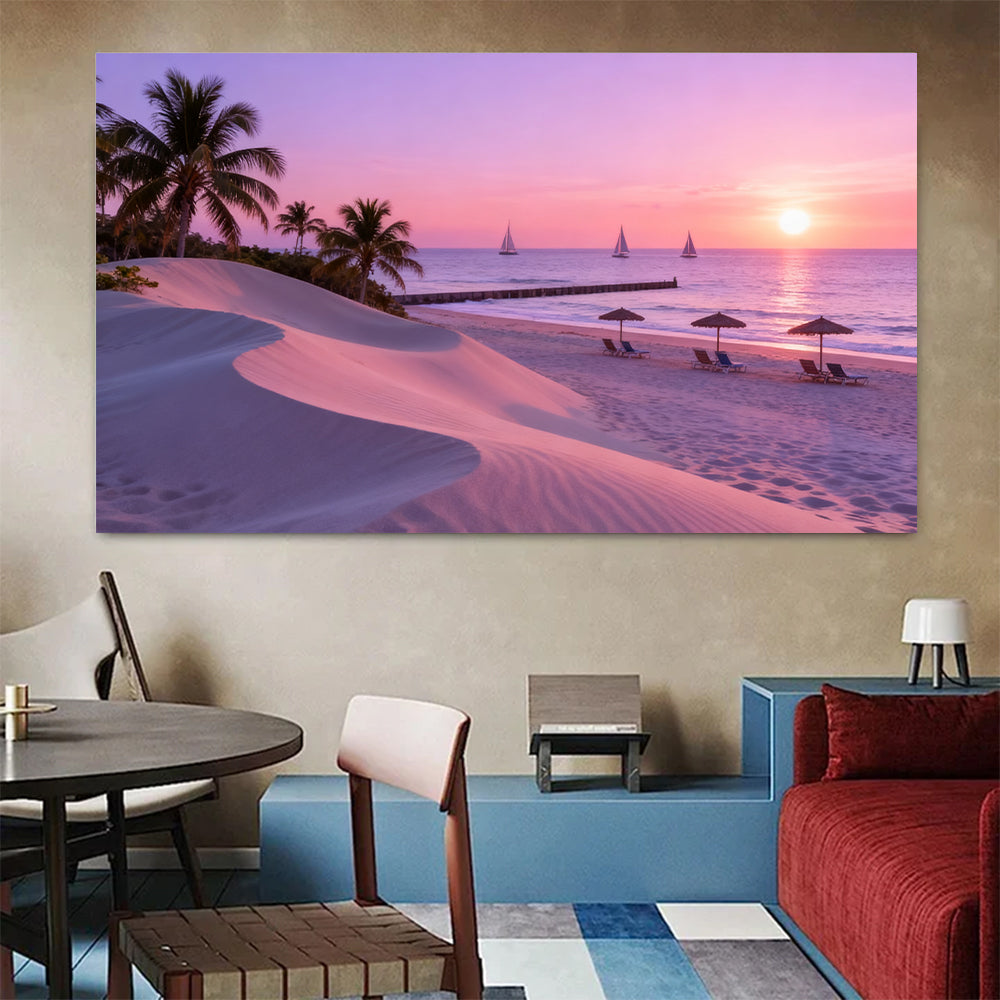 Lilac Beach Evening canvas wall art, colorful room mockup.
