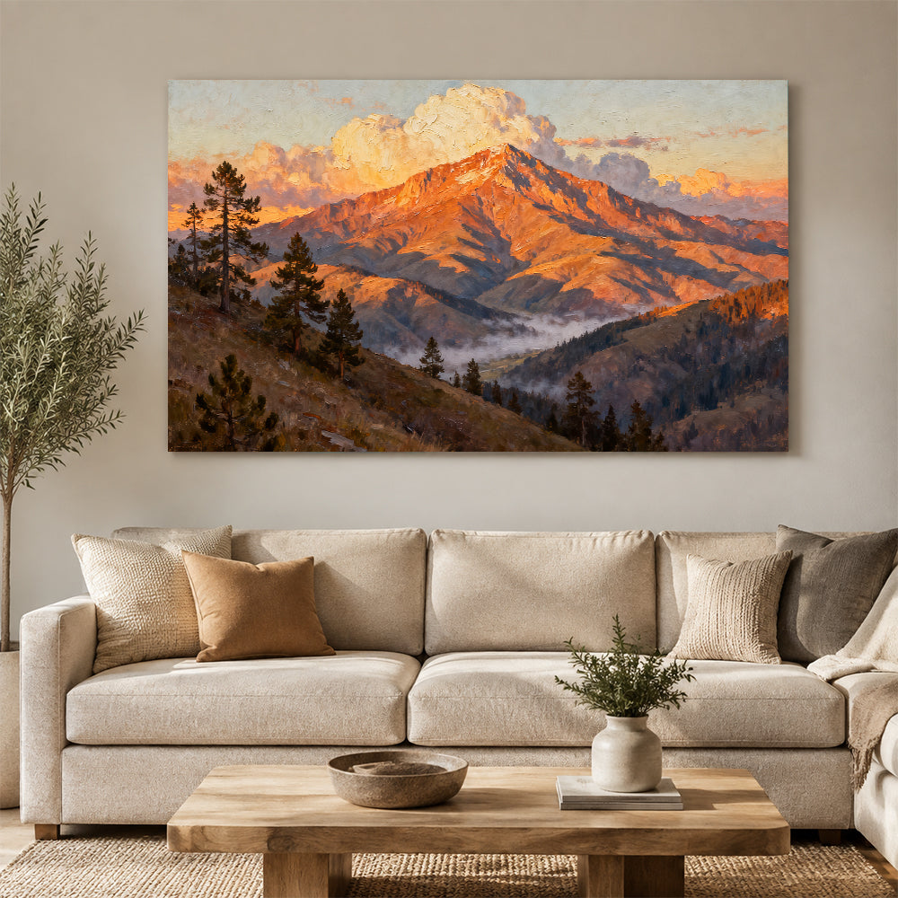 Ember Mountain Summit canvas wall art, living room mockup above a sofa.