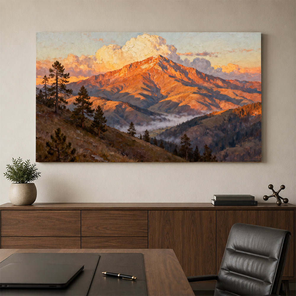 Ember Mountain Summit canvas wall art, office mockup above a desk.