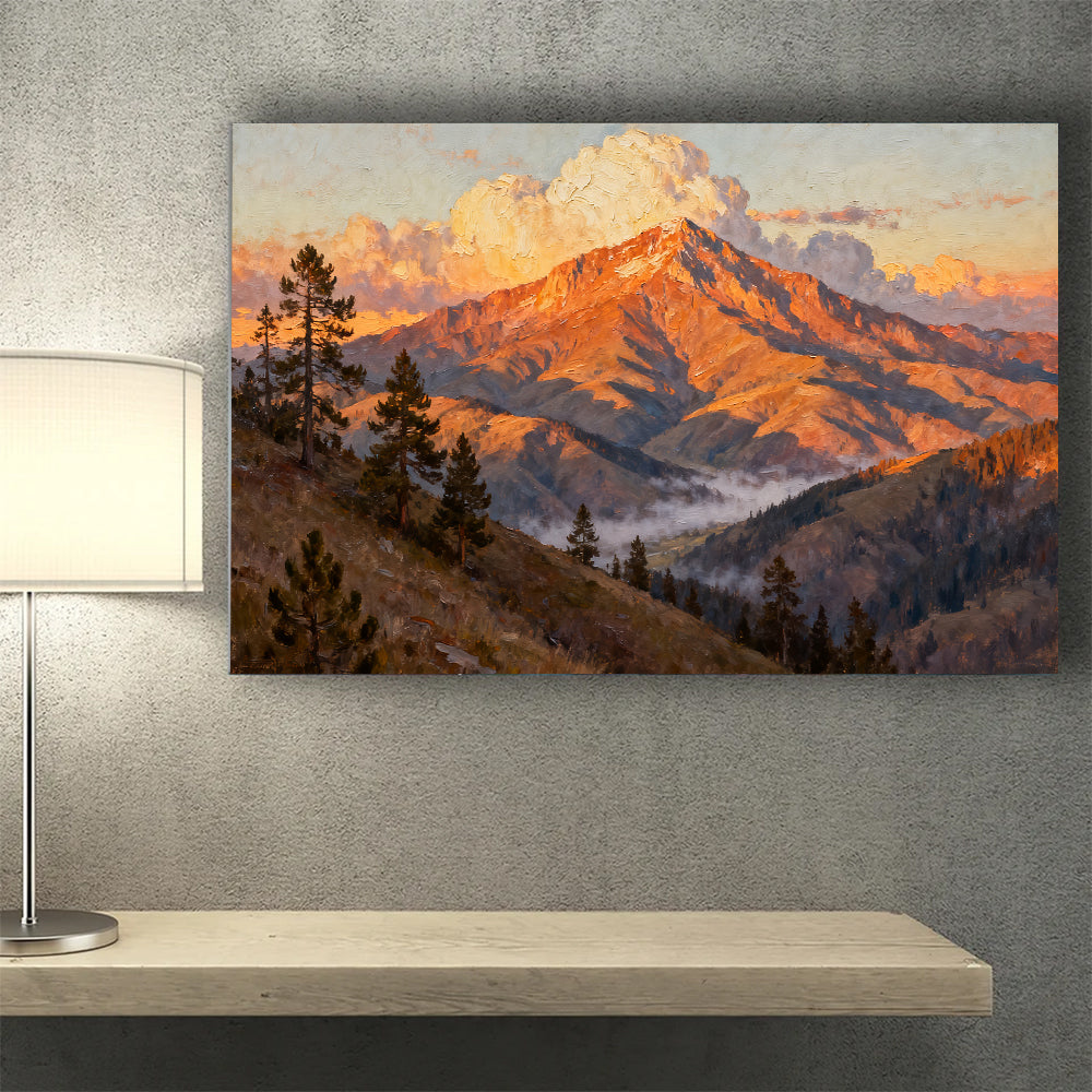 Ember Mountain Summit canvas wall art, wall mockup above a console.
