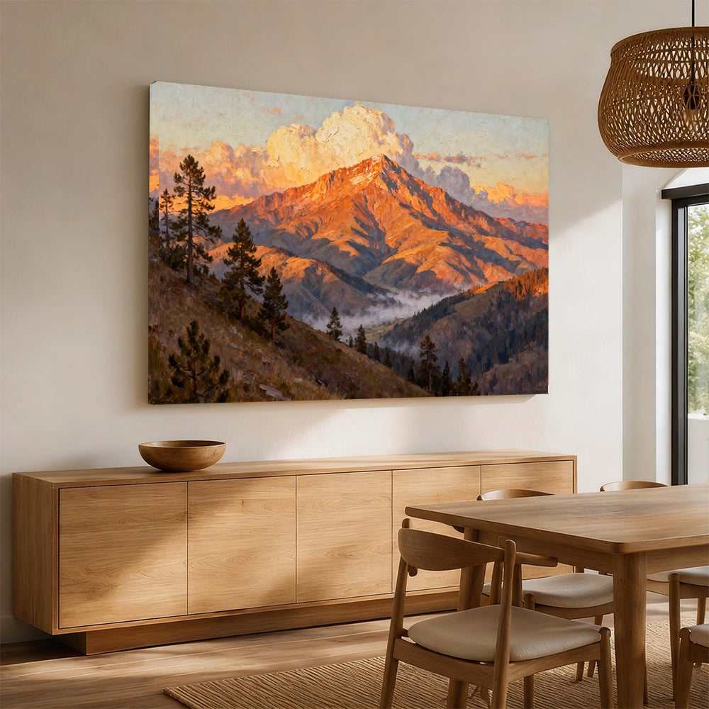 Ember Mountain Summit canvas wall art, angled mockup above a sideboard.
