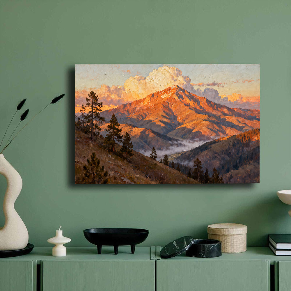 Ember Mountain Summit canvas wall art, mockup on a green wall.
