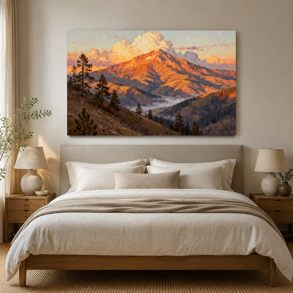 Ember Mountain Summit canvas wall art, bedroom mockup above a bed.