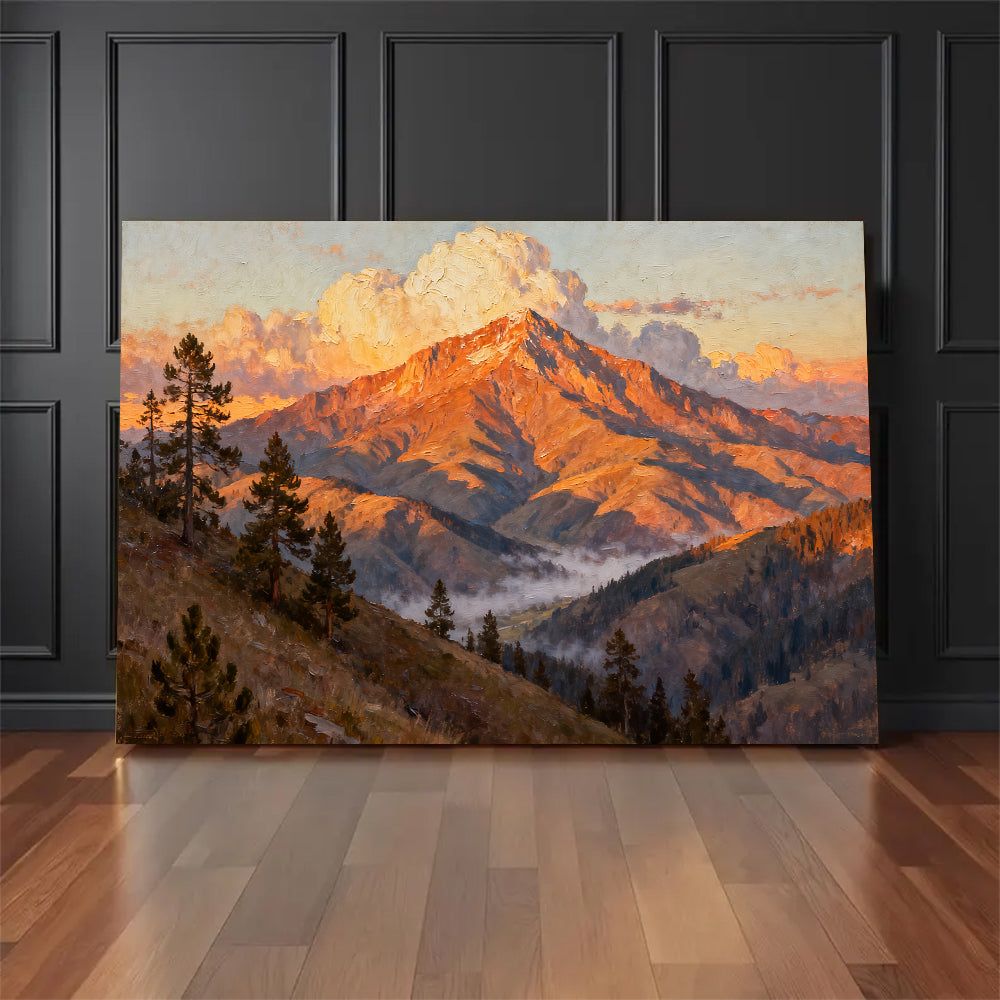 Ember Mountain Summit canvas wall art, floor display against a dark wall.