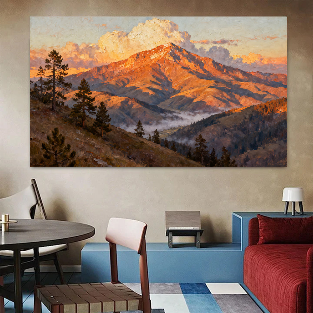 Ember Mountain Summit canvas wall art, colorful room mockup.