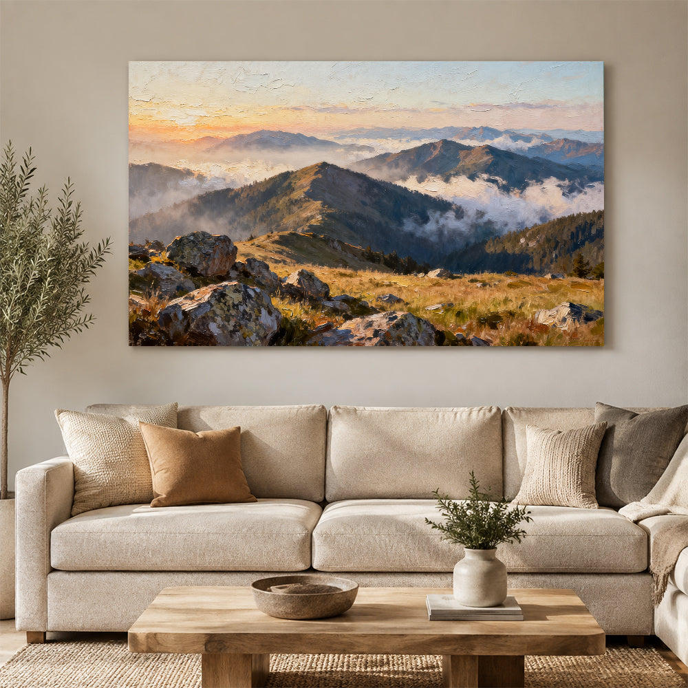 Morning Ridge Mist canvas wall art, living room mockup above a sofa.