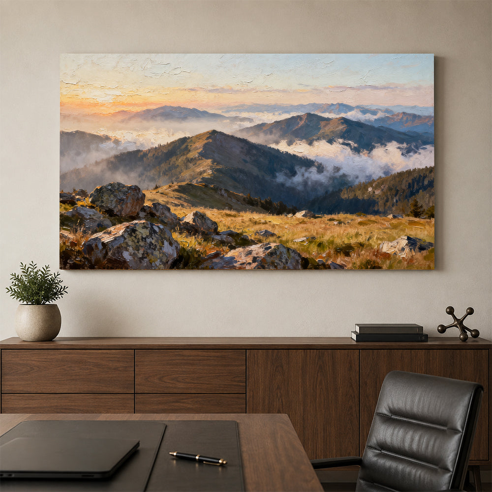 Morning Ridge Mist canvas wall art, office mockup above a desk.