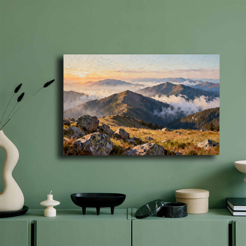 Morning Ridge Mist canvas wall art, mockup on a green wall.