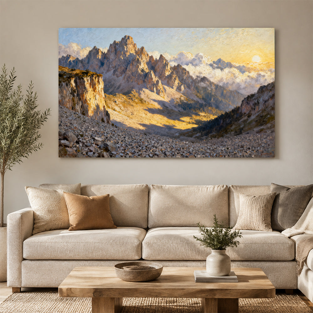 Sunlit Granite Spires canvas wall art, living room mockup above a sofa.