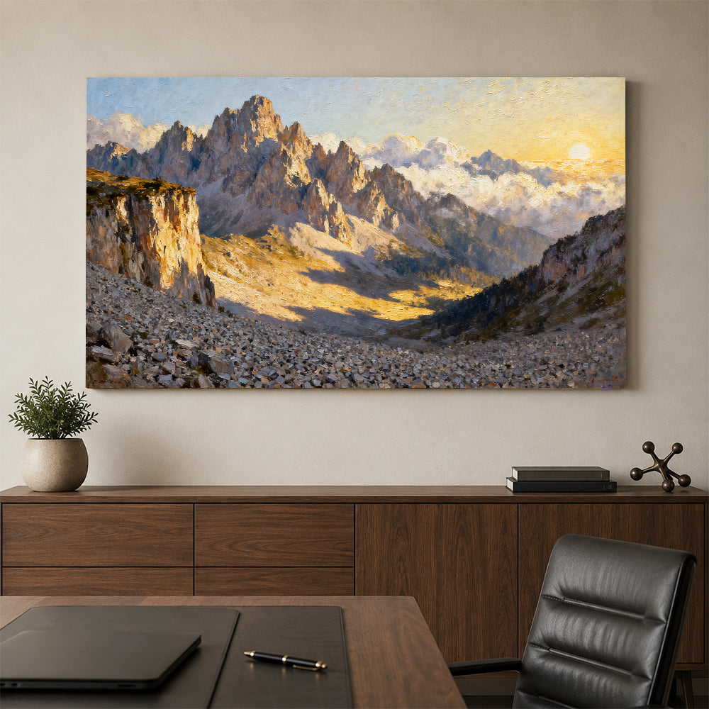 Sunlit Granite Spires canvas wall art, office mockup above a desk.